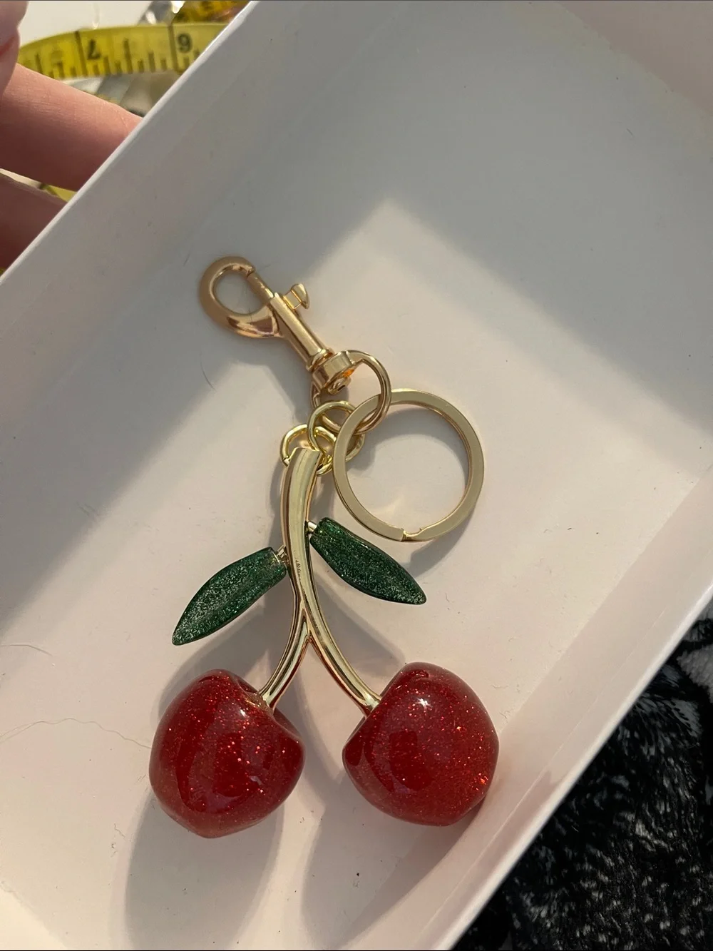 Gold Cherry Keychain or Bag Charm  with Red Glitter Cherries and Green Leaves